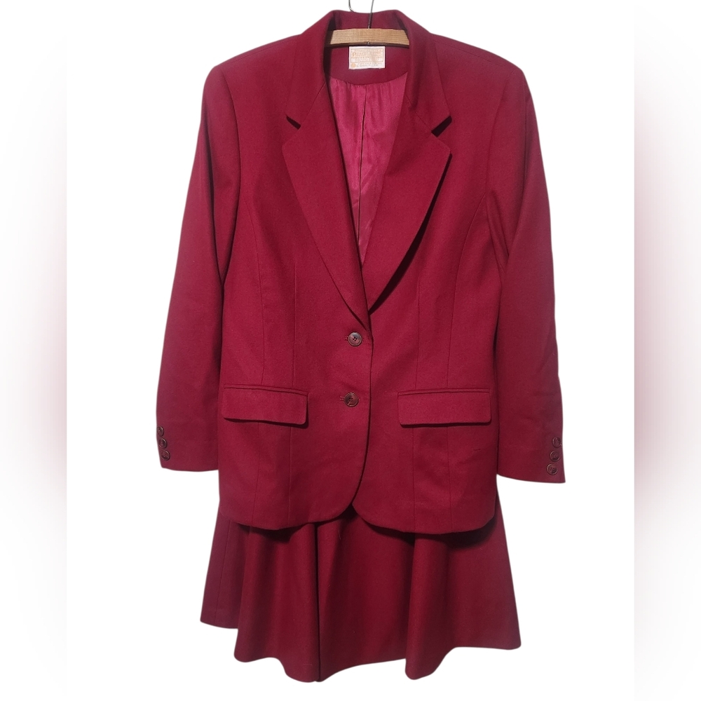 Vintage 70's Pendleton Red Pure Wool 2 Piece Jacket Skirt Set Size 12/14